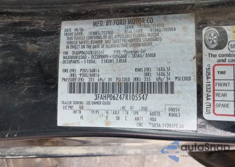 2007 Ford Fusion S from USA, damaged, VIN 3FAHP06Z47R105547